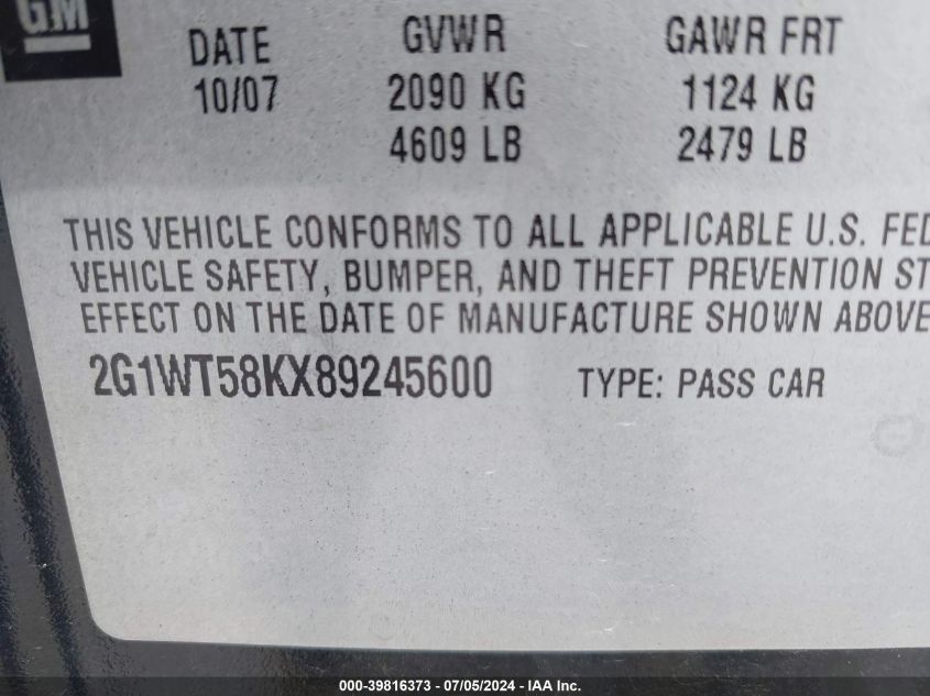 2008 Chevrolet Impala Lt VIN: 2G1WT58KX89245600 Lot: 39816373
