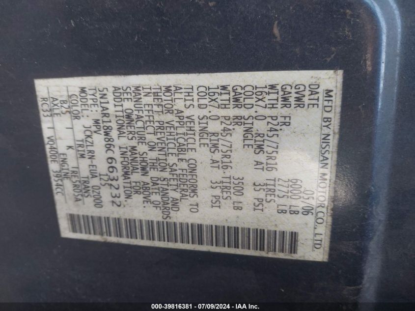 2006 Nissan Pathfinder S VIN: 5N1AR18W86C663232 Lot: 39816381