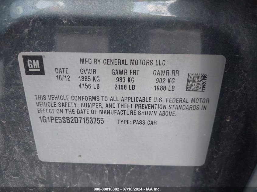 2013 Chevrolet Cruze Lt VIN: 1G1PE5SB2D7153755 Lot: 39816382