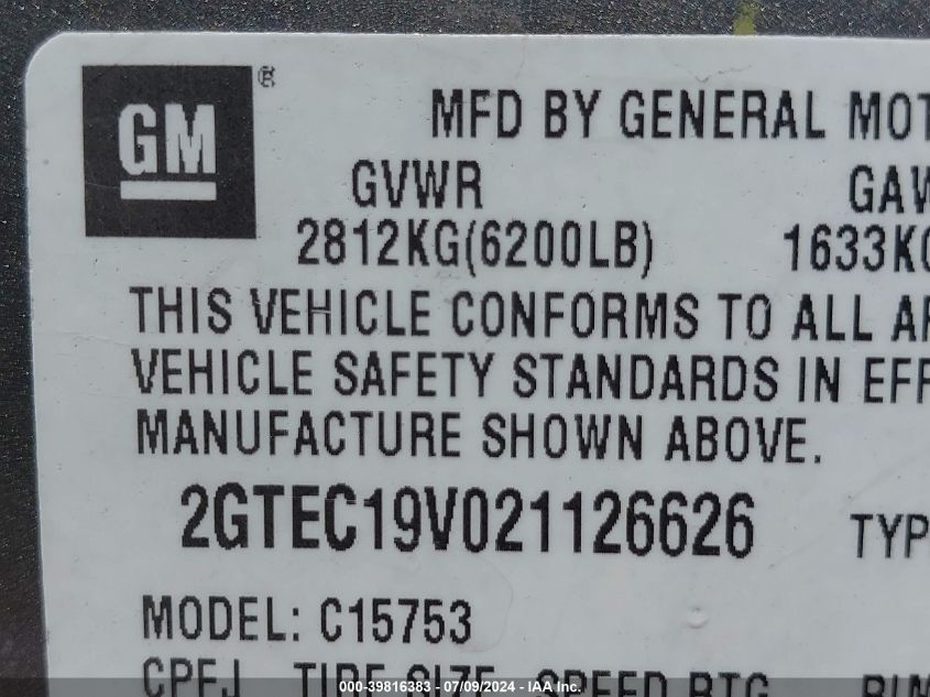 2002 GMC Sierra 1500 Sle VIN: 2GTEC19V021126626 Lot: 39816383