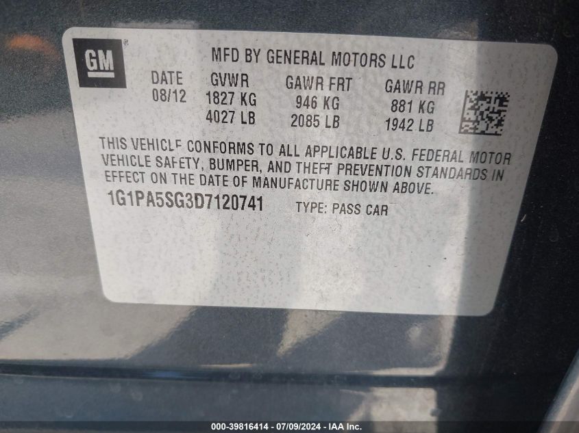 2013 Chevrolet Cruze Ls Auto VIN: 1G1PA5SG3D7120741 Lot: 39816414