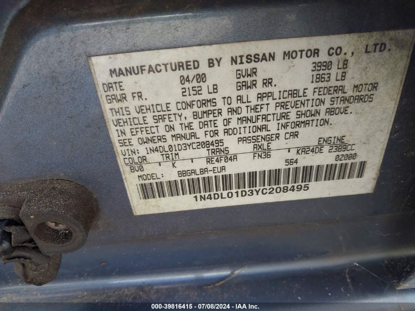 1N4DL01D3YC208495 | 2000 NISSAN ALTIMA