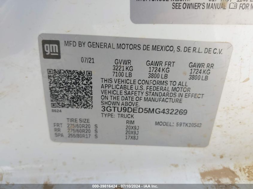 2021 GMC Sierra 1500 4Wd Short Box Slt VIN: 3GTU9DED5MG432269 Lot: 39816424