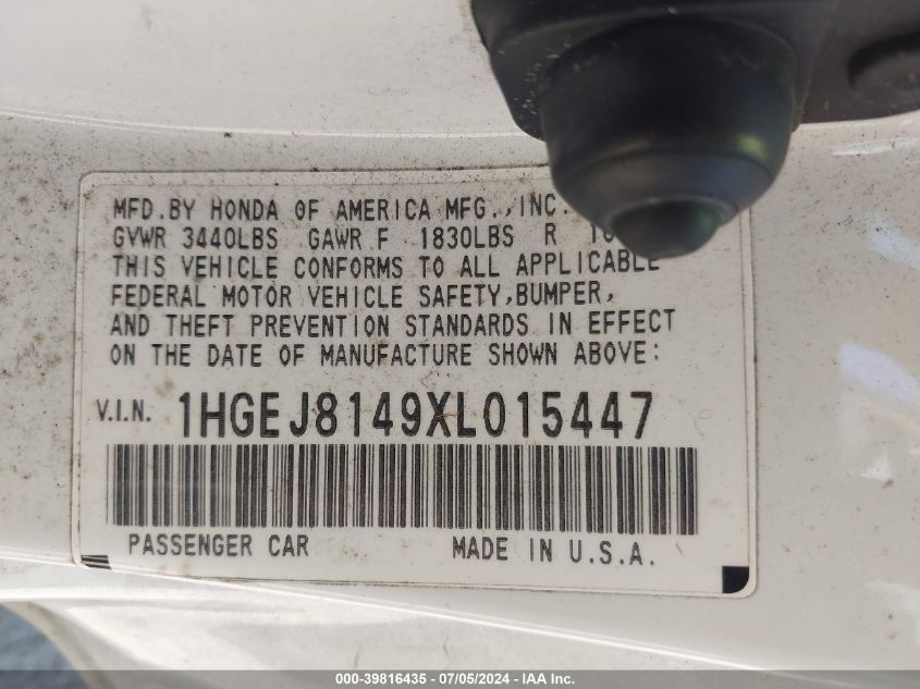 1999 Honda Civic Ex VIN: 1HGEJ8149XL015447 Lot: 39816435