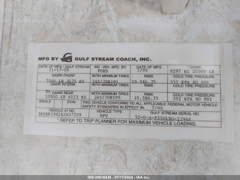 1999 Ford F550 Super Duty Stripped Chass VIN: 3FCNF53S1XJA37209 Lot: 39816436