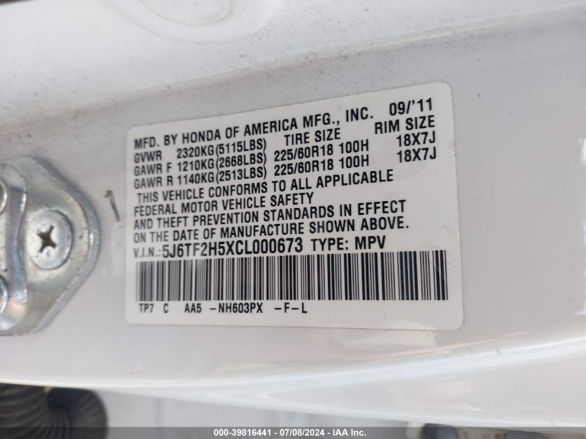 2012 Honda Crosstour Ex-L VIN: 5J6TF2H5XCL000673 Lot: 39816441