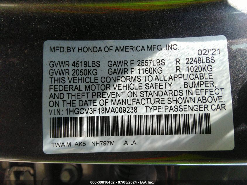 2021 Honda Accord Hybrid VIN: 1HGCV3F18MA009238 Lot: 39816452