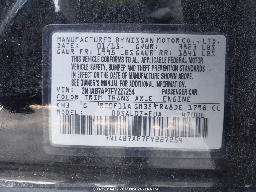 2015 Nissan Sentra S/Sv/Sr/Sl VIN: 3N1AB7AP7FY227254 Lot: 39816472