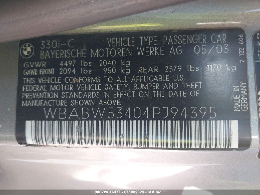 2004 BMW 330Ci VIN: WBABW53404PJ94395 Lot: 39816477