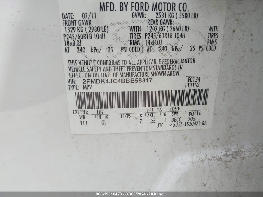 2011 Ford Edge Sel VIN: 2FMDK4JC4BBB58317 Lot: 39816478