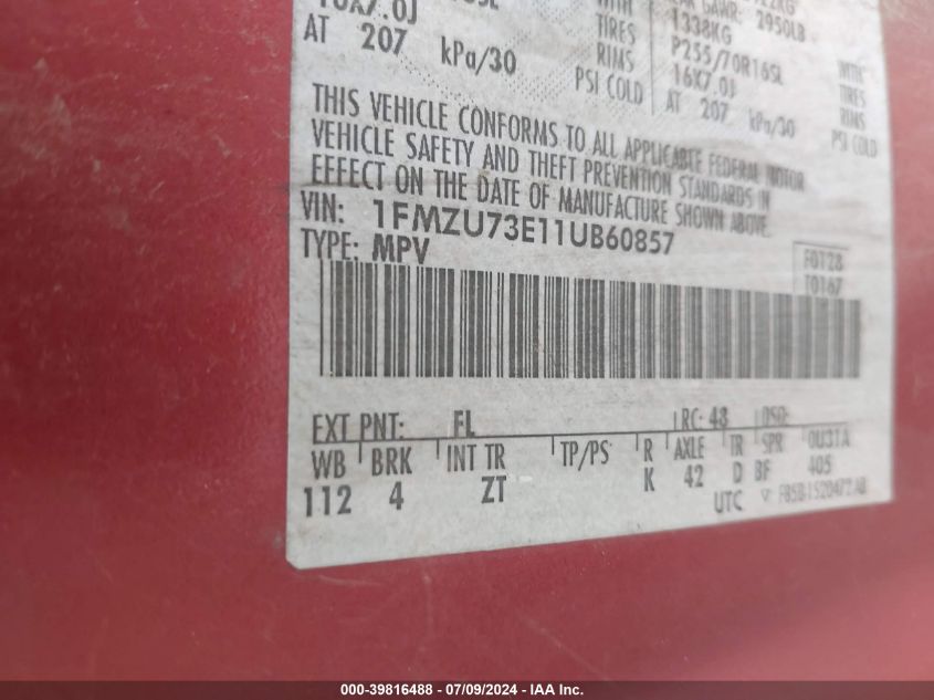 2001 Ford Explorer Xlt VIN: 1FMZU73E11UB60857 Lot: 39816488