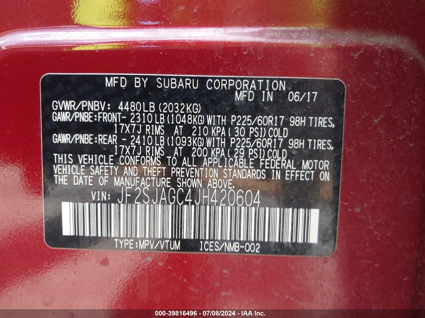 2018 Subaru Forester 2.5I Premium VIN: JF2SJAGC4JH420604 Lot: 39816496