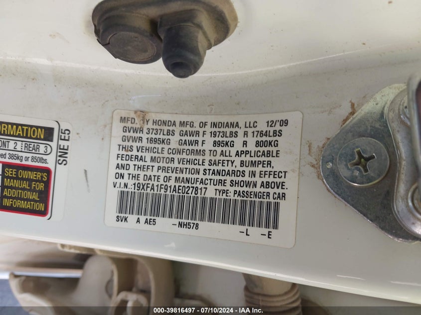 2010 Honda Civic Exl VIN: 19XFA1F91AE027817 Lot: 39816497