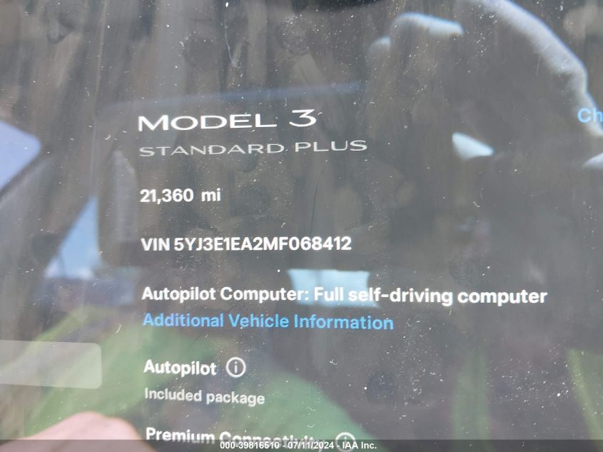 2021 Tesla Model 3 Standard Range Plus Rear-Wheel Drive VIN: 5YJ3E1EA2MF068412 Lot: 39816510