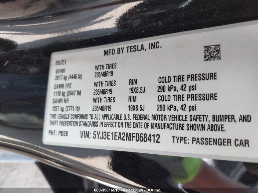 2021 Tesla Model 3 Standard Range Plus Rear-Wheel Drive VIN: 5YJ3E1EA2MF068412 Lot: 39816510