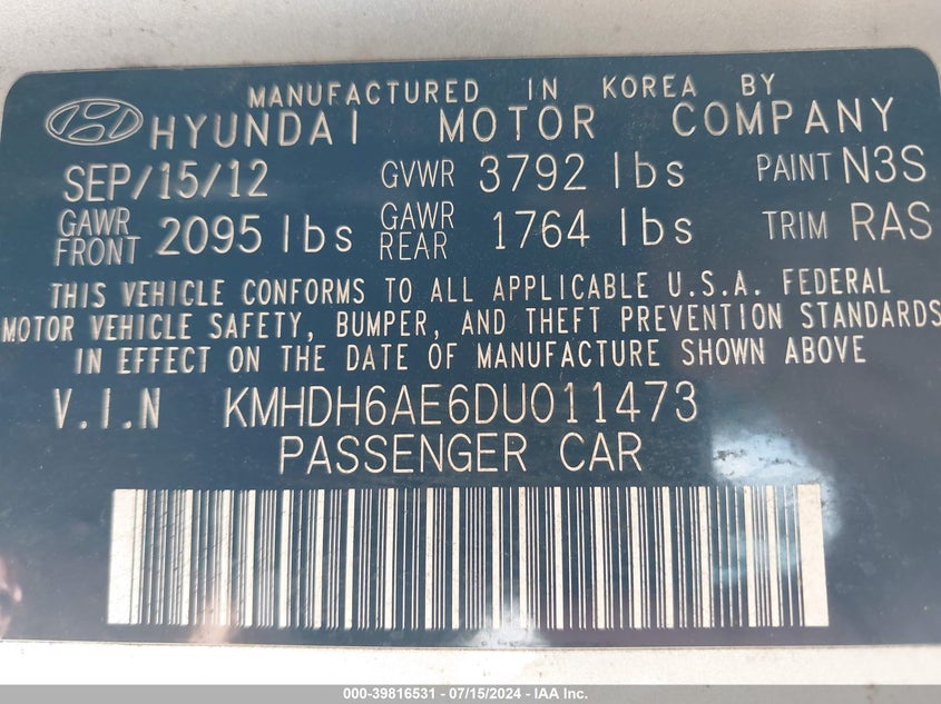 2013 Hyundai Elantra Se VIN: KMHDH6AE6DU011473 Lot: 39816531