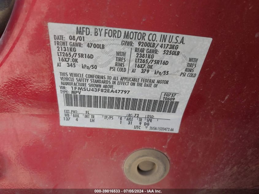 2002 Ford Excursion Limited VIN: 1FMSU43F82EA47797 Lot: 39816533