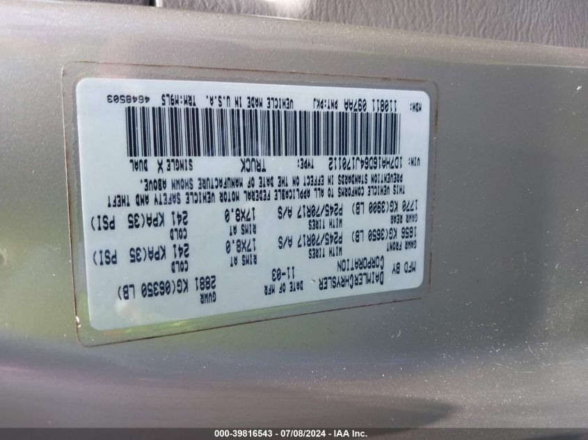 2004 Dodge Ram 1500 Slt/Laramie VIN: 1D7HA16D64J170112 Lot: 39816543