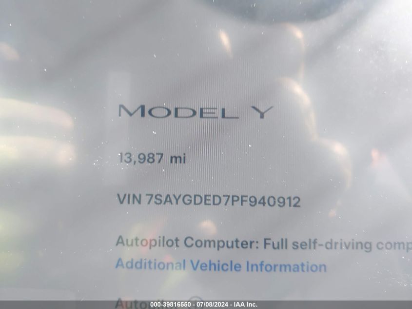 2023 Tesla Model Y Rwd VIN: 7SAYGDED7PF940912 Lot: 39816550