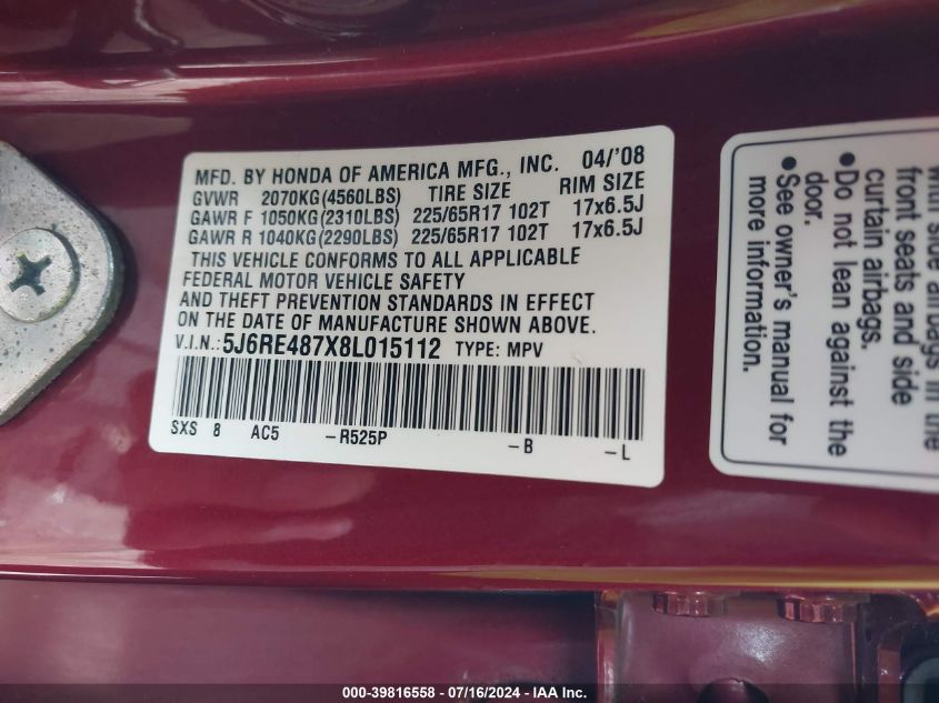2008 Honda Cr-V Ex-L VIN: 5J6RE487X8L015112 Lot: 39816558