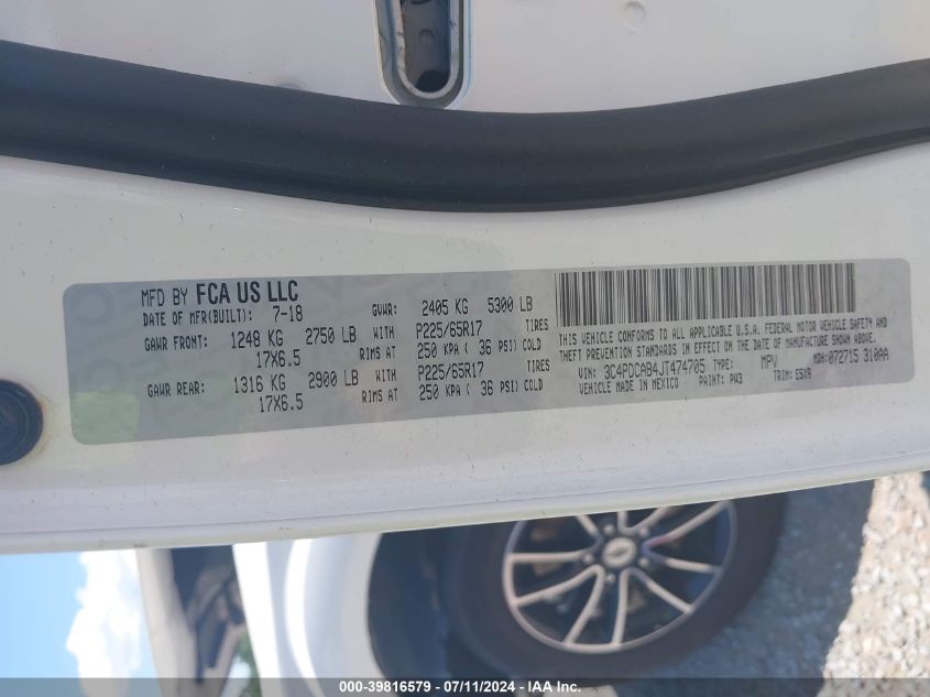 2018 Dodge Journey Se VIN: 3C4PDCAB4JT474705 Lot: 39816579