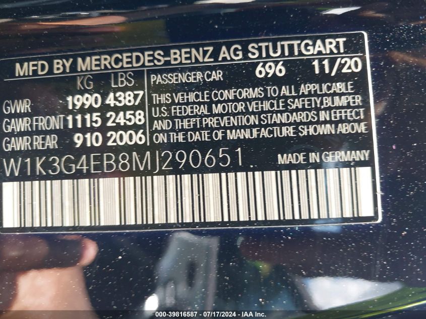 2021 Mercedes-Benz A 220 VIN: W1K3G4EB8MJ290651 Lot: 39816587