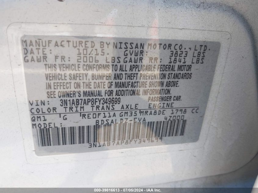 2015 Nissan Sentra Sv VIN: 3N1AB7AP8FY349699 Lot: 39816613