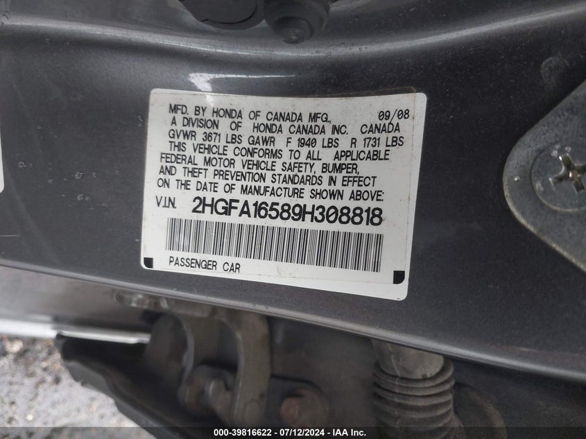 2009 Honda Civic Lx VIN: 2HGFA16589H308818 Lot: 39816622
