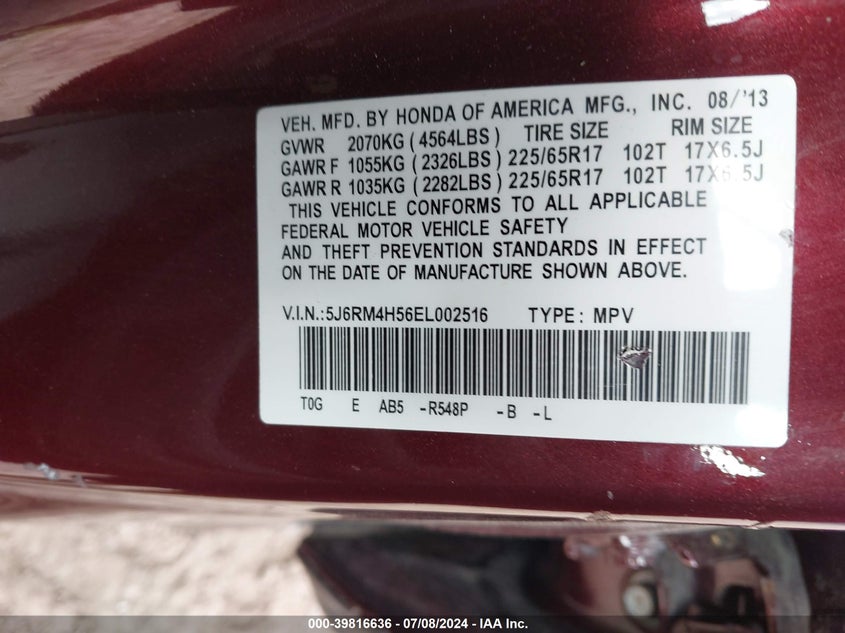 2014 Honda Cr-V Ex VIN: 5J6RM4H56EL002516 Lot: 39816636