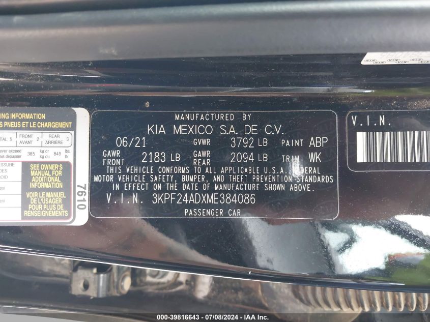 2021 KIA FORTE FE/LXS - 3KPF24ADXME384086