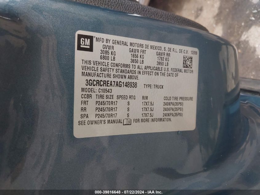 2010 Chevrolet Silverado 1500 Ls VIN: 3GCRCREA7AG148938 Lot: 39816648