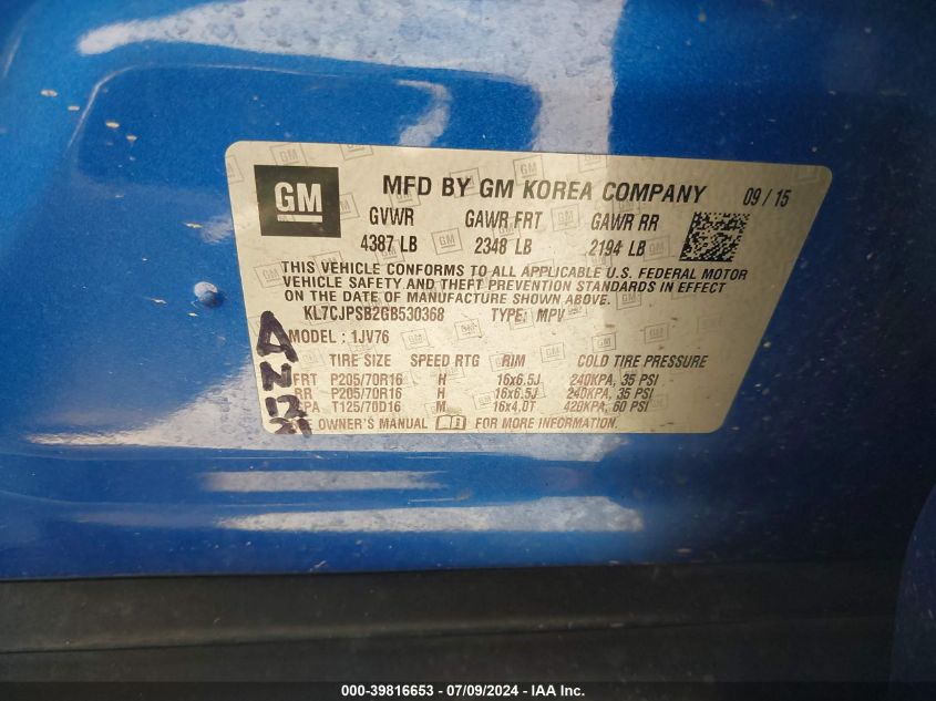 2016 Chevrolet Trax 1Lt VIN: KL7CJPSB2GB530368 Lot: 39816653