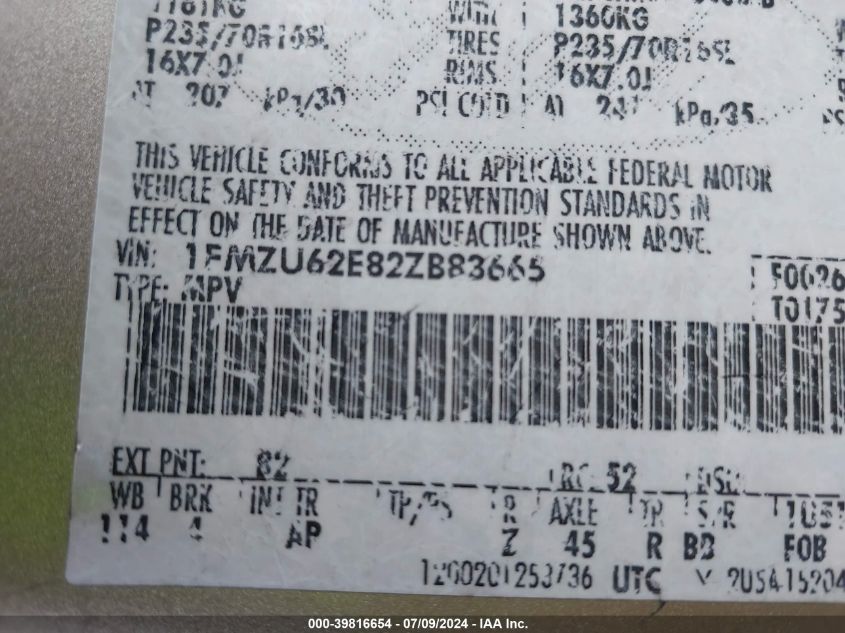 2002 Ford Explorer Xls VIN: 1FMZU62E82ZB83665 Lot: 39816654