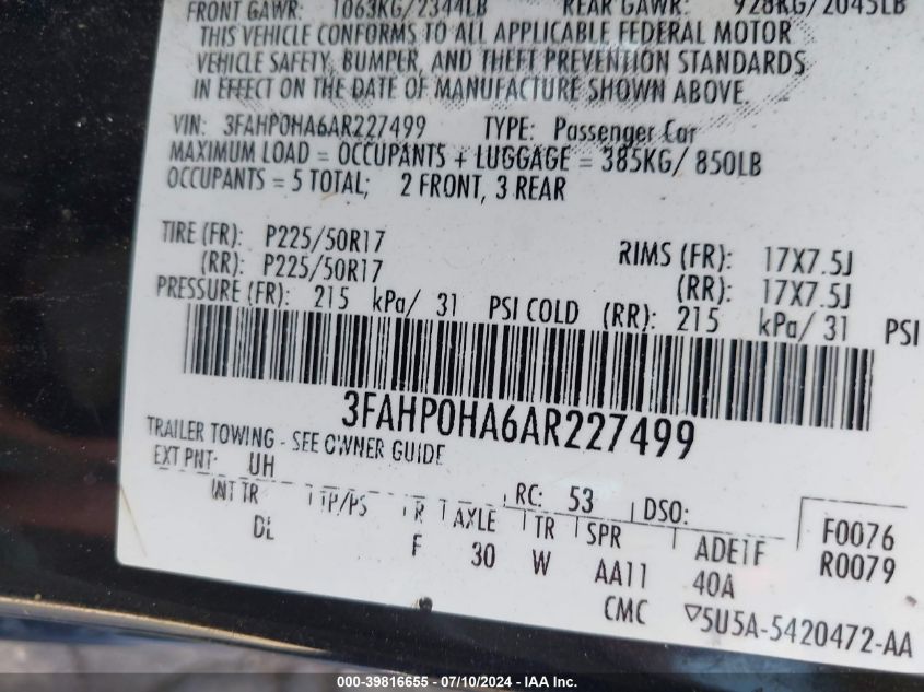 2010 Ford Fusion Se VIN: 3FAHP0HA6AR227499 Lot: 39816655