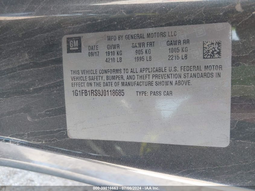 2018 Chevrolet Camaro 1Lt VIN: 1G1FB1RS9J0118685 Lot: 39816663