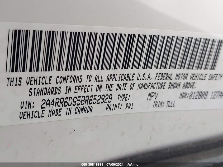 2011 Chrysler Town & Country Limited VIN: 2A4RR6DG5BR652929 Lot: 39816691