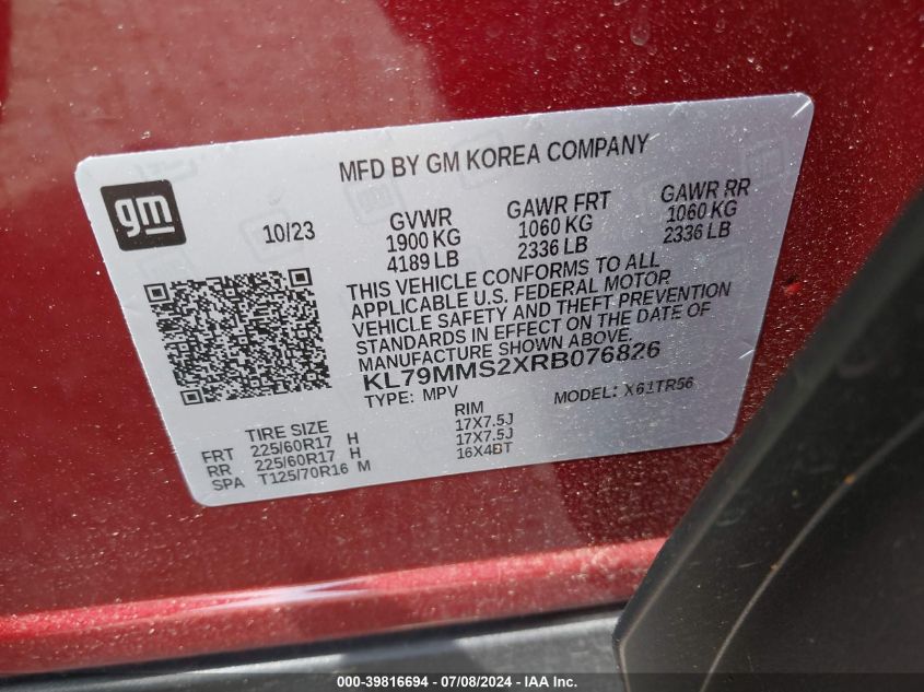 2024 Chevrolet Trailblazer Fwd Ls VIN: KL79MMS2XRB076826 Lot: 39816694