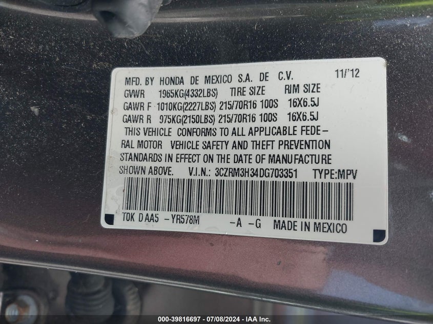 2013 HONDA CR-V LX - 3CZRM3H34DG703351