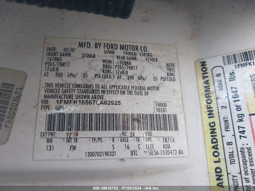 2007 Ford Expedition El Xlt VIN: 1FMFK16567LA62925 Lot: 39816702