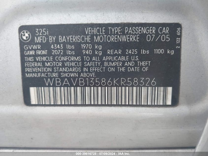 2006 BMW 325I VIN: WBAVB13586KR58326 Lot: 39816728