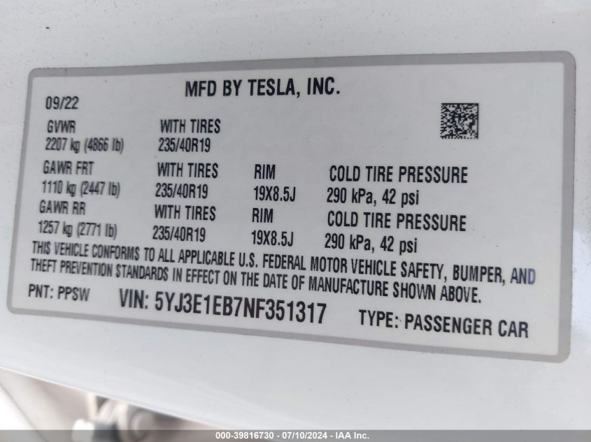 2022 Tesla Model 3 VIN: 5YJ3E1EB7NF351317 Lot: 39816730