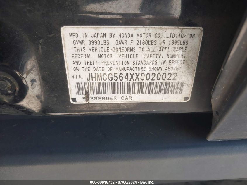 1999 Honda Accord Lx VIN: JHMCG564XXC020022 Lot: 39816732