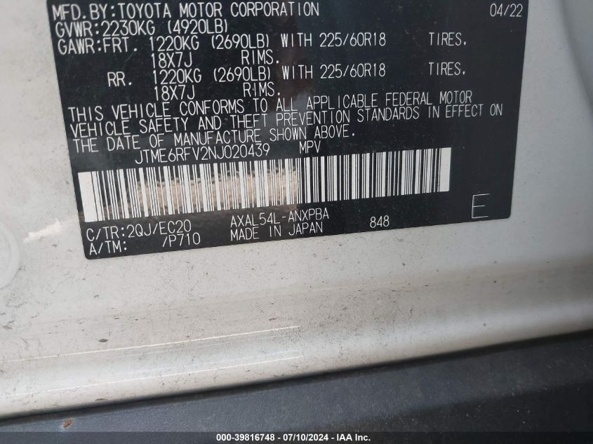 2022 Toyota Rav4 Hybrid Xse VIN: JTME6RFV2NJ020439 Lot: 39816748