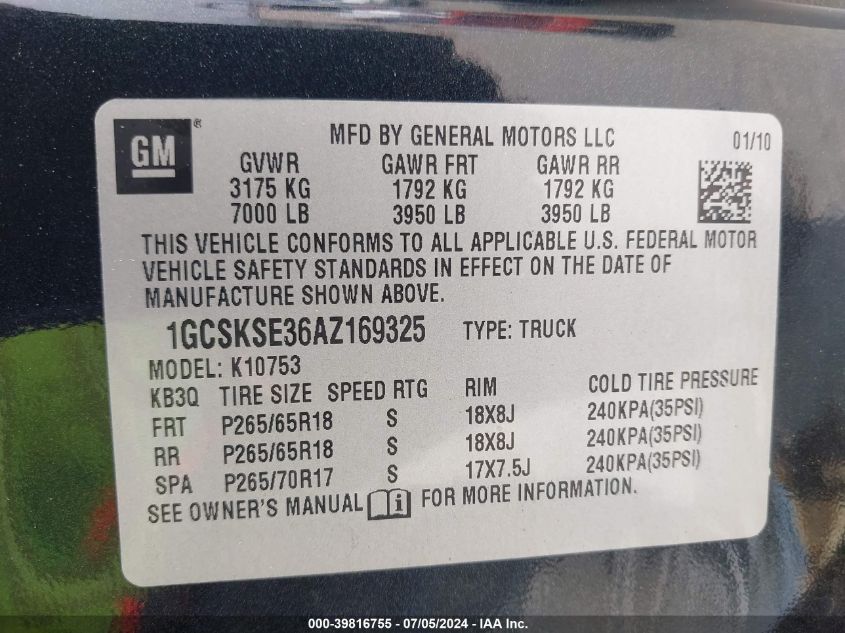 2010 Chevrolet Silverado 1500 Lt VIN: 1GCSKSE36AZ169325 Lot: 39816755