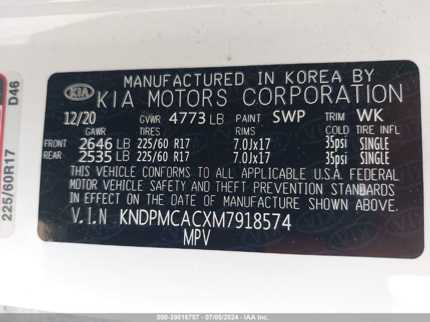 2021 Kia Sportage Lx VIN: KNDPMCACXM7918574 Lot: 39816757