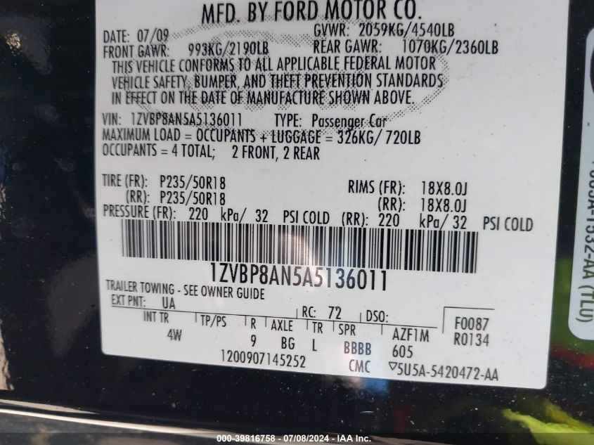 2010 Ford Mustang V6/V6 Premium VIN: 1ZVBP8AN5A5136011 Lot: 39816758