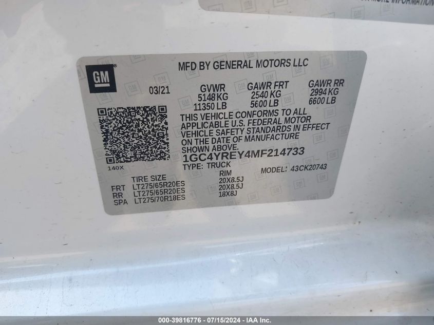 2021 Chevrolet Silverado 2500Hd 4Wd Standard Bed High Country VIN: 1GC4YREY4MF214733 Lot: 39816776