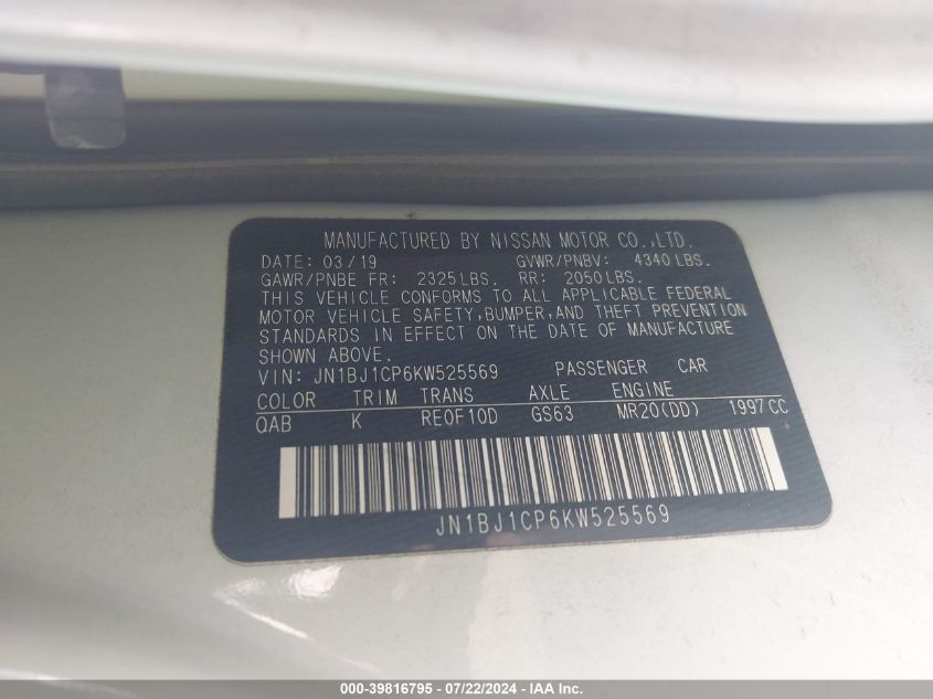 2019 Nissan Rogue Sport Sl VIN: JN1BJ1CP6KW525569 Lot: 39816795