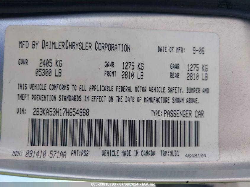 2007 Dodge Charger R/T VIN: 2B3KA53H17H654968 Lot: 39816799