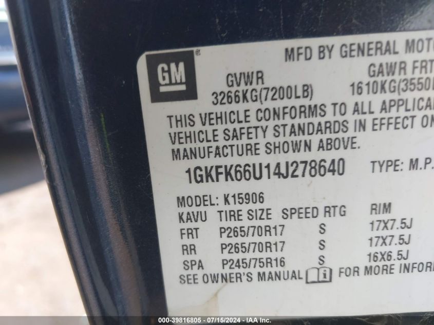 1GKFK66U14J278640 2004 GMC Yukon Xl 1500 Denali